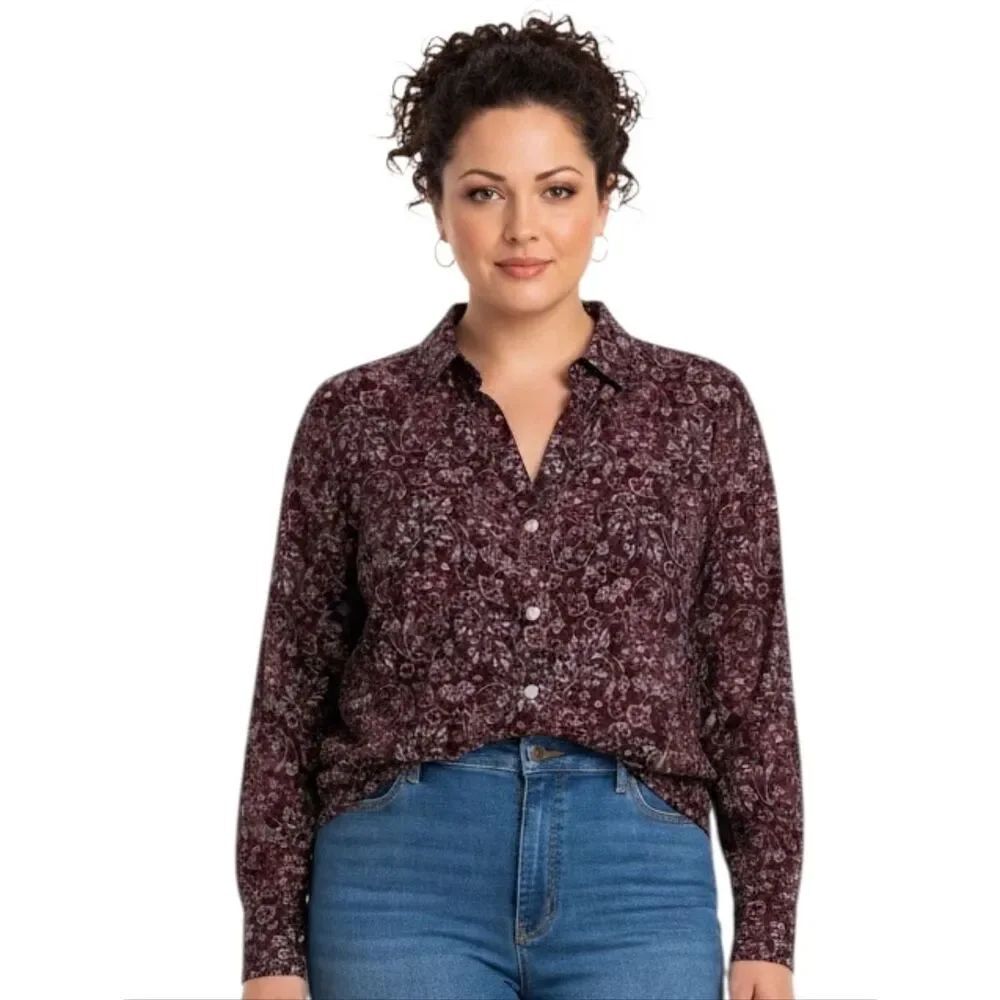 Croft & Barrow Maroon Pasley V-neck Roll Tab Sleeve Button Down Shirt Size 1X